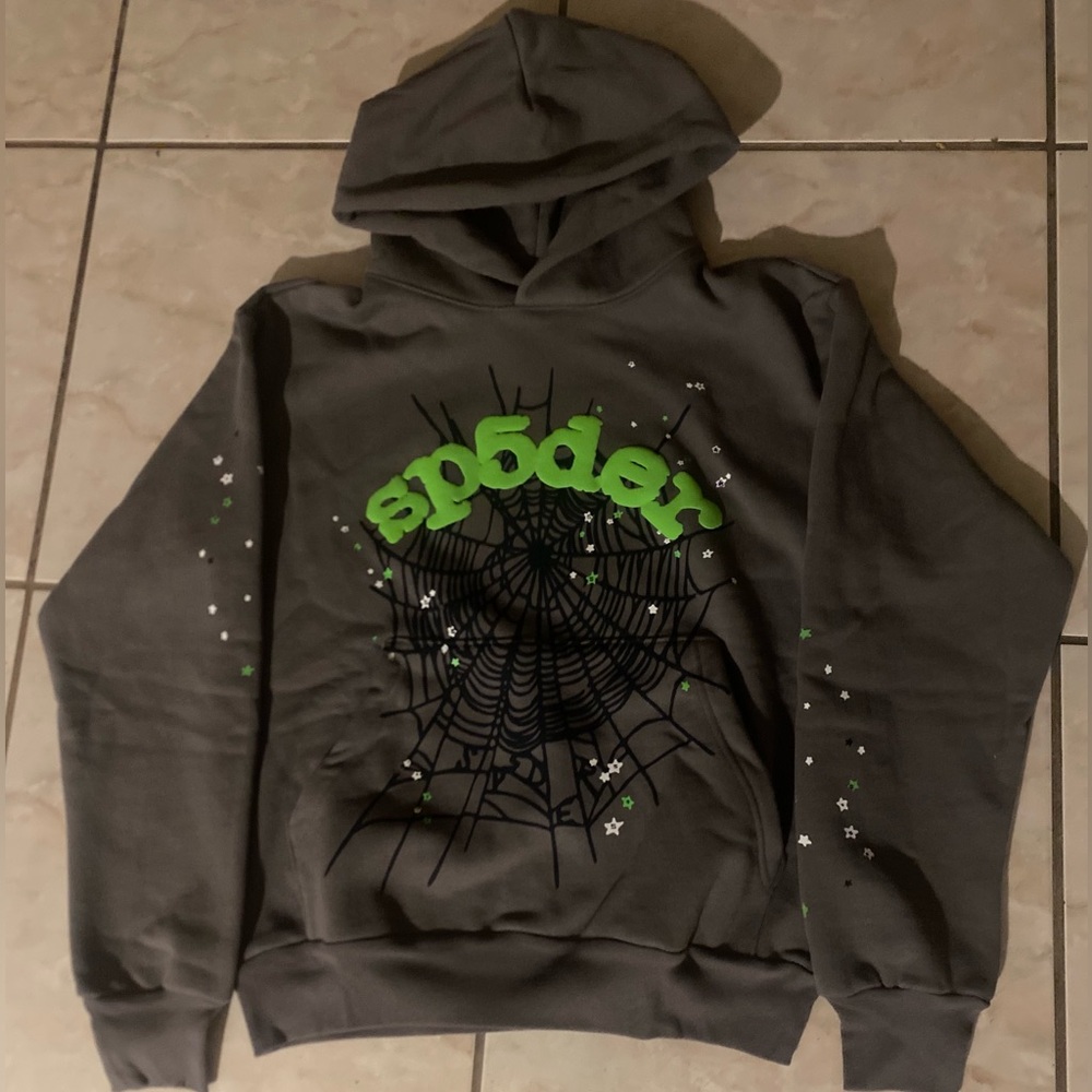 Grey and green sp5der hoodie| Sp5der Wait Web Hoodie Slate Grey | BRAND NEW |